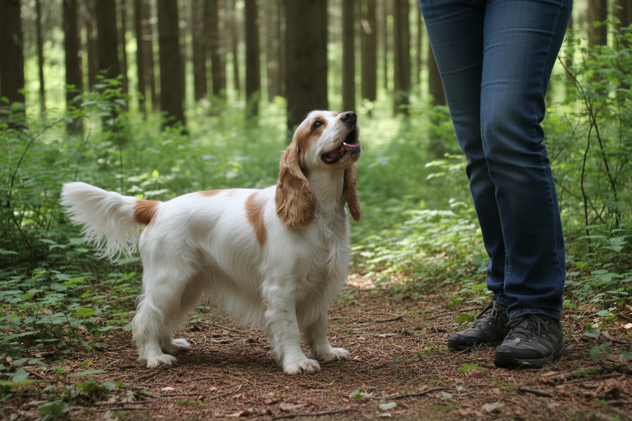 Cocker Spaniel ser opp på eieren med glad blikk
