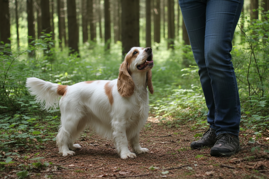 Cocker Spaniel ser opp på eieren med glad blikk