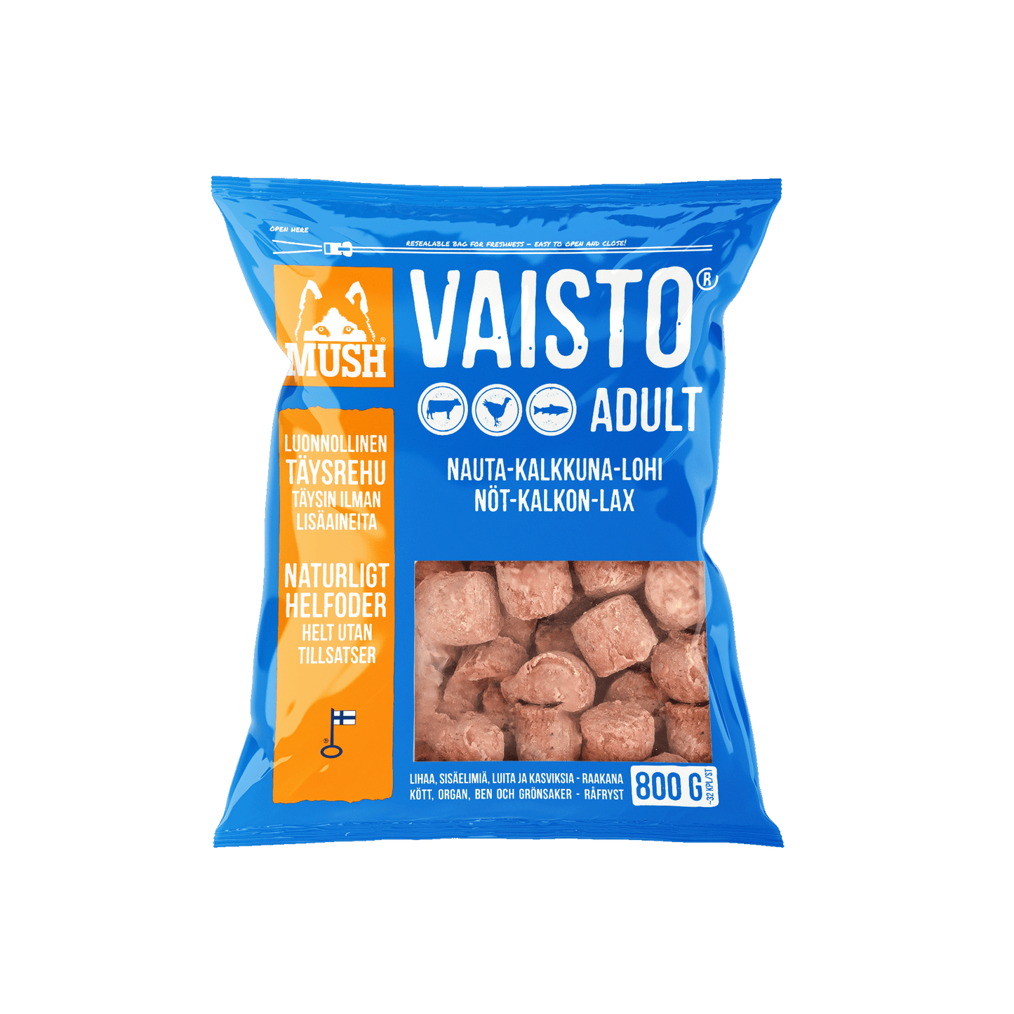 Mush B.A.R.F Vaisto® Blå – Råfôr med storfe, kalkun og laks - 3kg