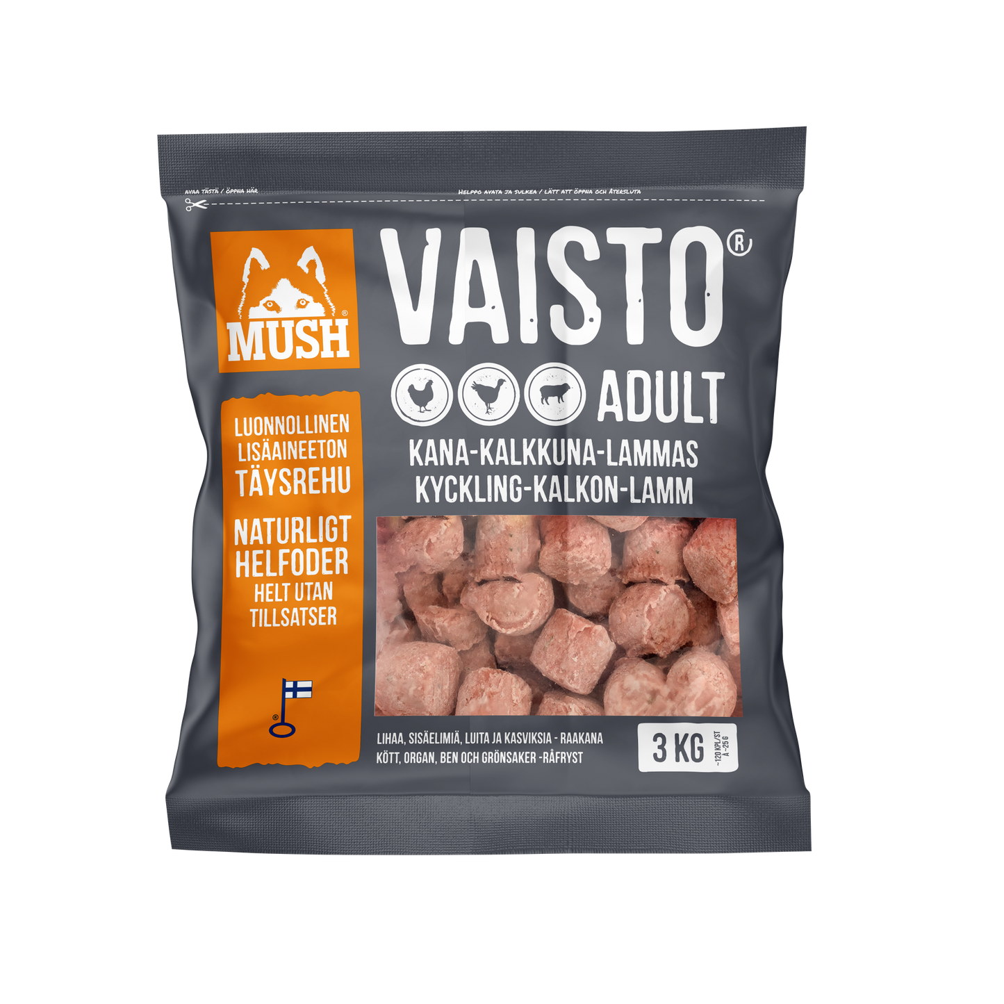 Mush B.A.R.F Vaisto® Grå – Råfôr med kylling, kalkun og lam - 3kg