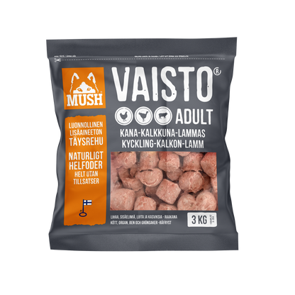 Mush B.A.R.F Vaisto® Grå – Råfôr med kylling, kalkun og lam - 3kg